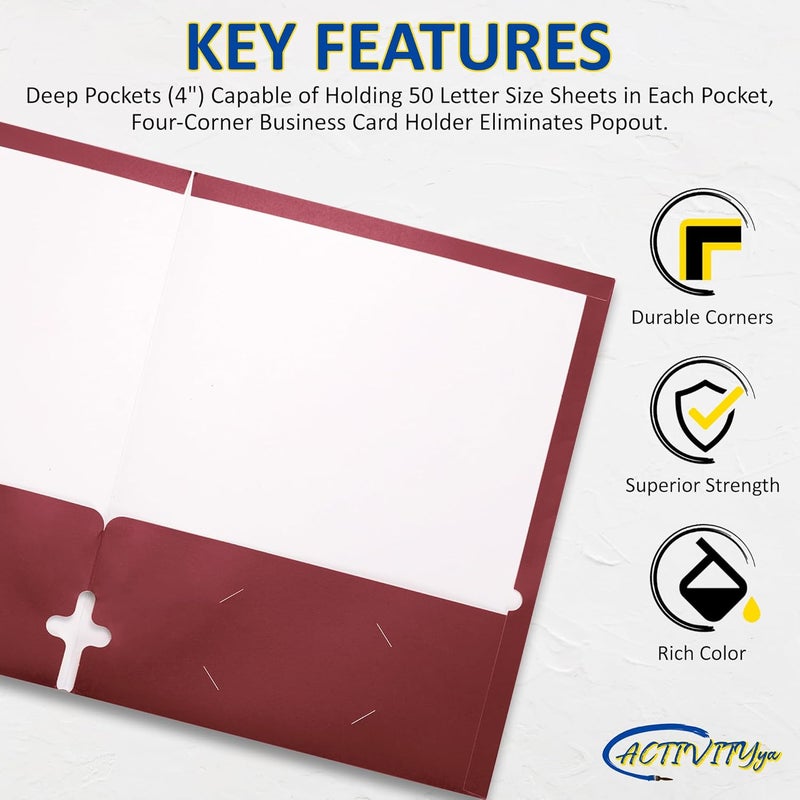ACTIVITYYA 10 Pack Two Pocket Folders, Burgundy, Strong Thick Paper Folders, for Letter Size, by - Image 3